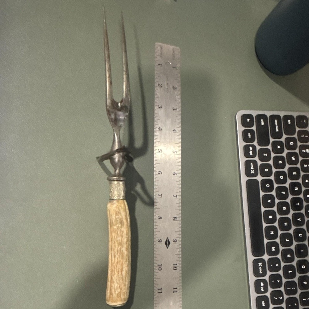 Antique Stag Horn Handle Meat Carving Fork Vintage Victorian Steel 11" Guard